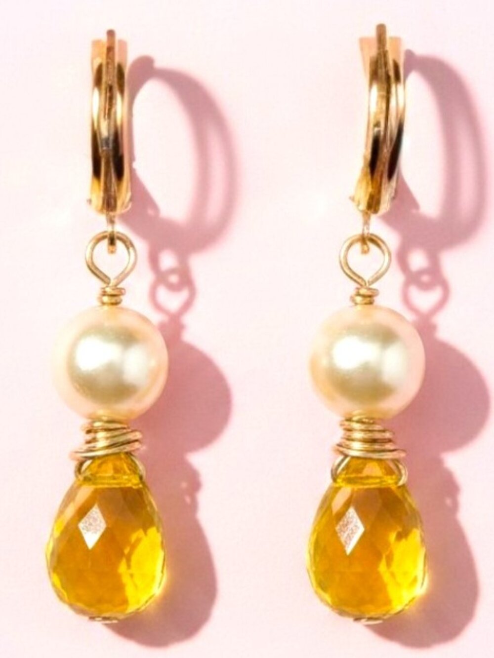 Lab Citrine and Peal Earrings in 18k Gold Vermeil Leverback Hooks